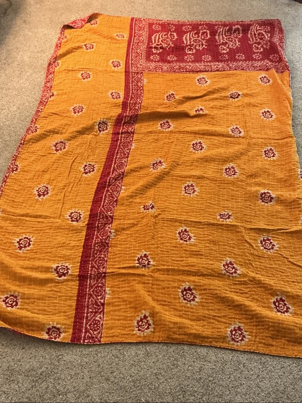 Kantha Blanket Twin Size ~ Red & Yellow